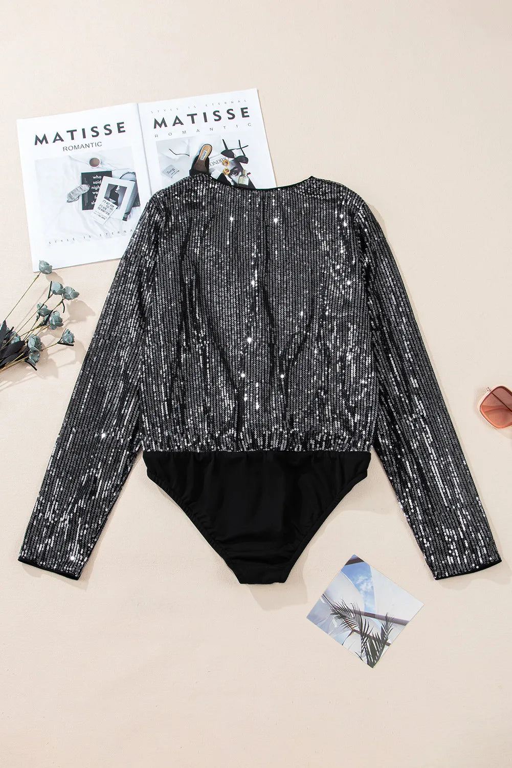 Sequin Surplice Long Sleeve Bodysuit - Luxe4Everyday Bodysuit