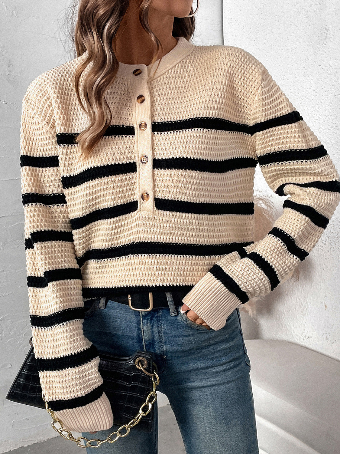 Perfee Striped Half Button Long Sleeve Sweater - Luxe4Everyday Tan / S Sweater