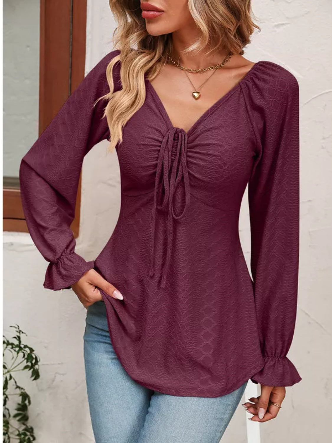 Full Size Drawstring Ruffled V-Neck Long Sleeve Blouse - Luxe4Everyday Shirt