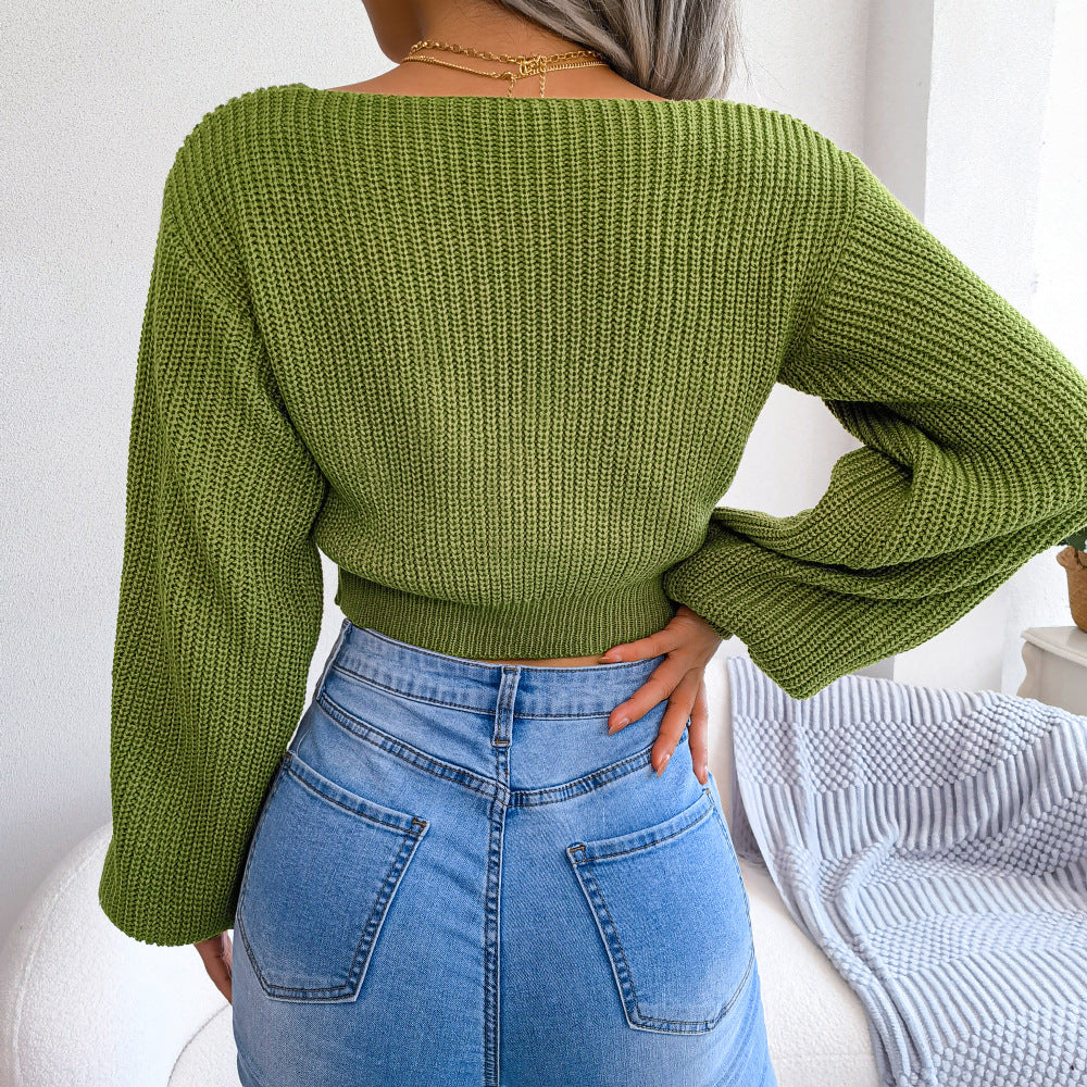 Tie-Front Rib-Knit Cropped Sweater - Luxe4Everyday Green / S Sweater