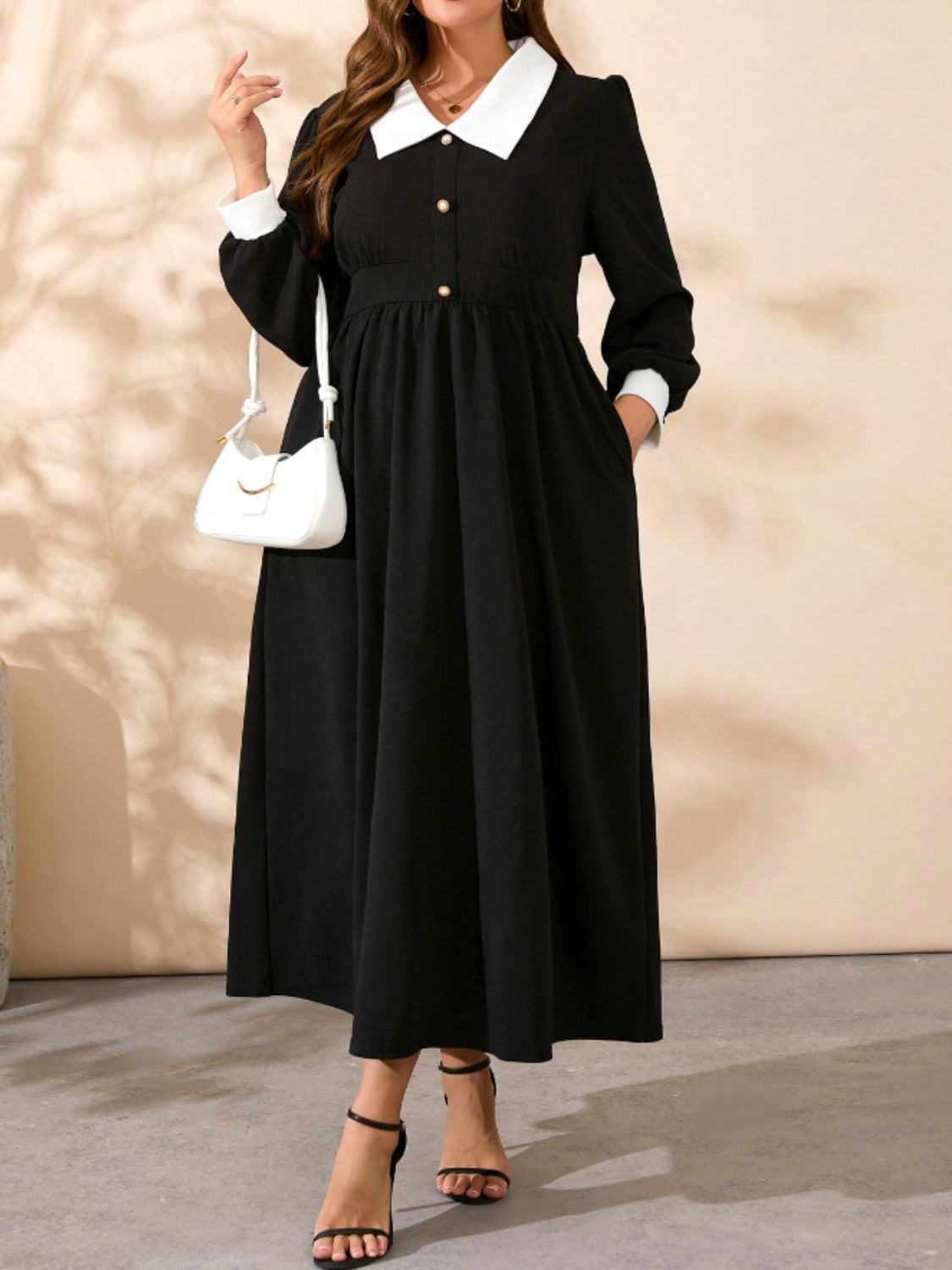 Plus Size Contrast Collared Neck Long Sleeve Midi Dress - Luxe4Everyday Black / 0XL Dress