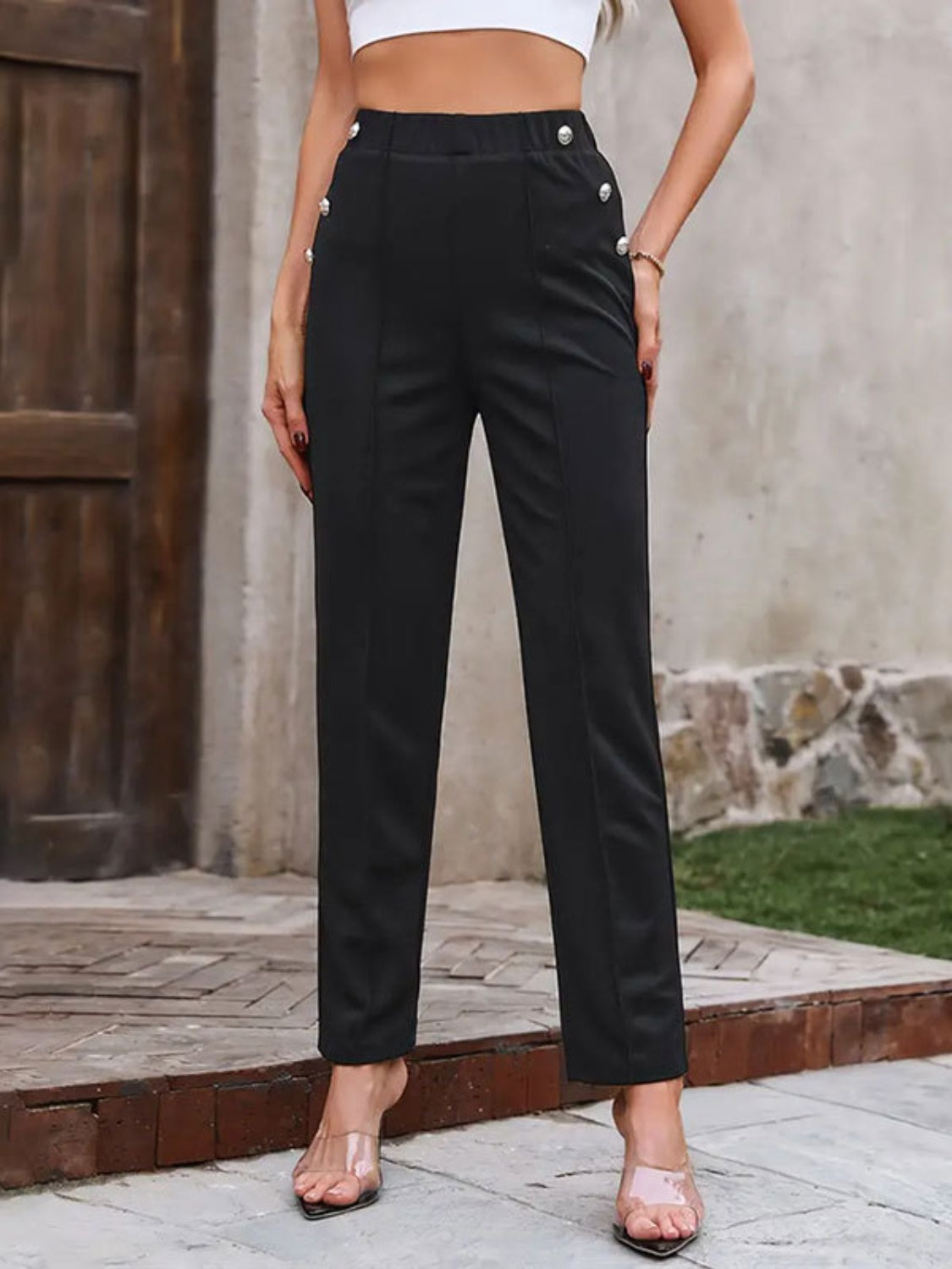 Decorative Button Elastic Waist Pants - Luxe4Everyday Pants