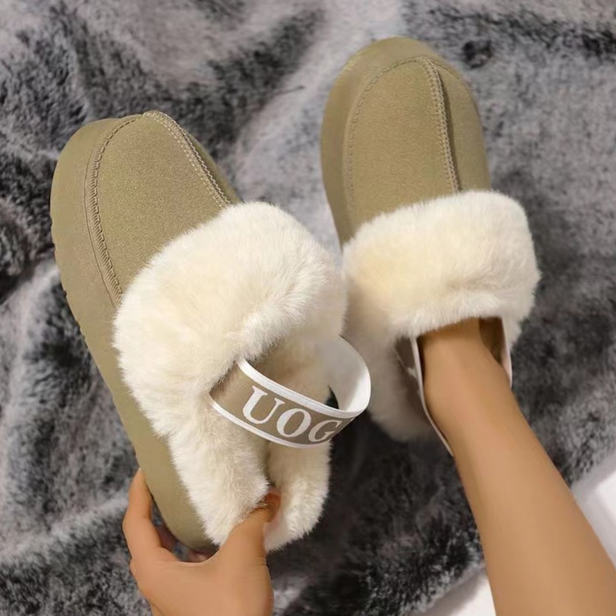 Plush Platform Slippers with Letter Strap - Luxe4Everyday Camel / 36(US5) shoes