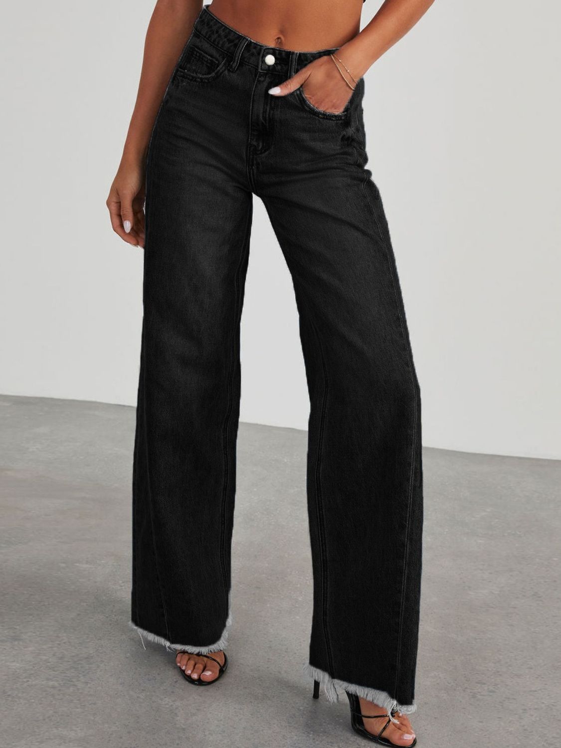 Raw Hem Wide Leg Jeans with Pockets - Luxe4Everyday Black / S Jeans