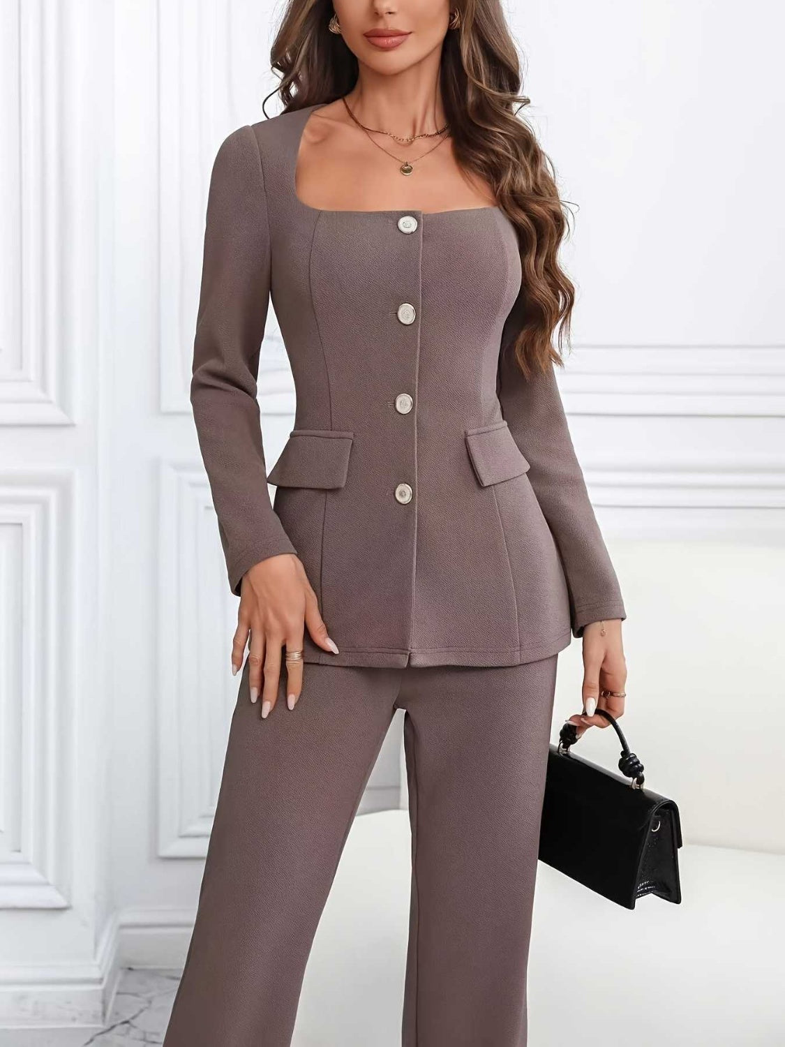 Square Neck Button Up Blazer and Pants Set - Luxe4Everyday Taupe / S Two-piece sets