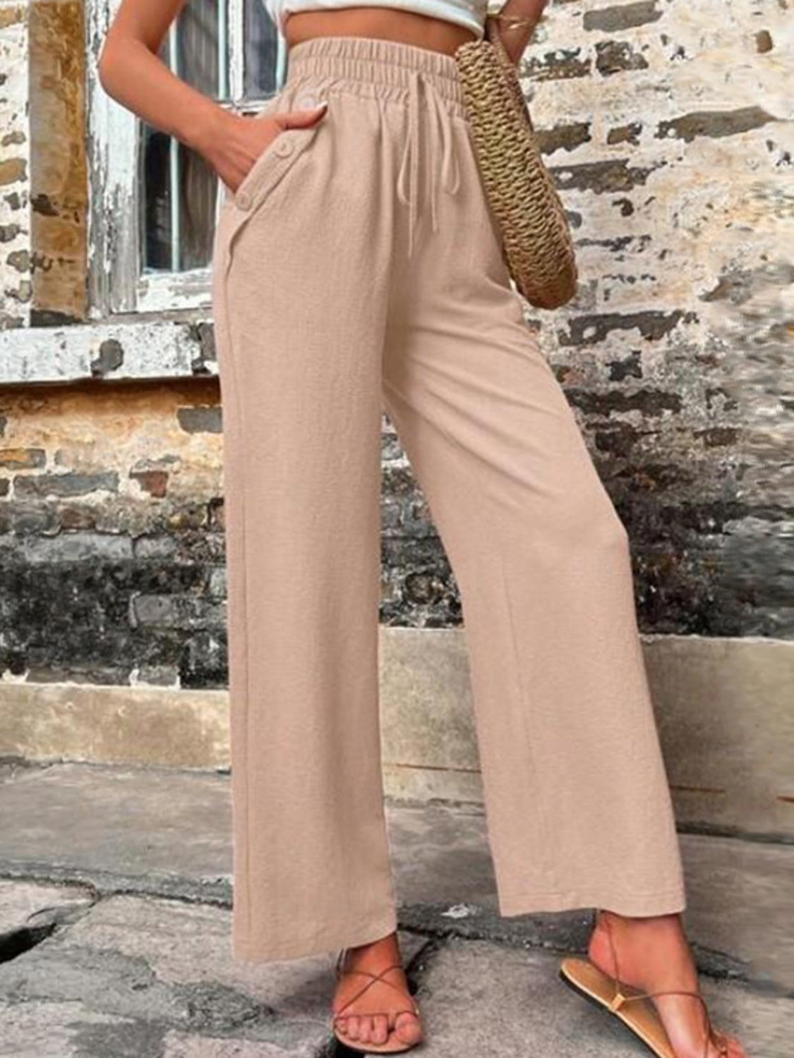 Tied High Waist Wide Leg Pants with Pockets - Luxe4Everyday Khaki / S Pants