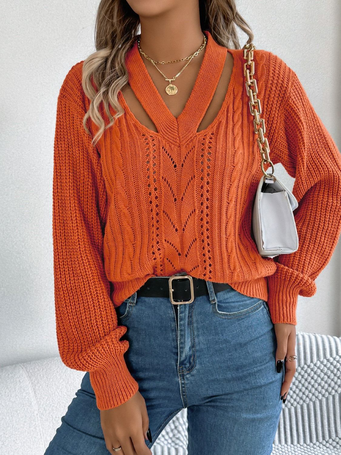 Cutout V-Neck Long Sleeve Sweater - Luxe4Everyday Sweater