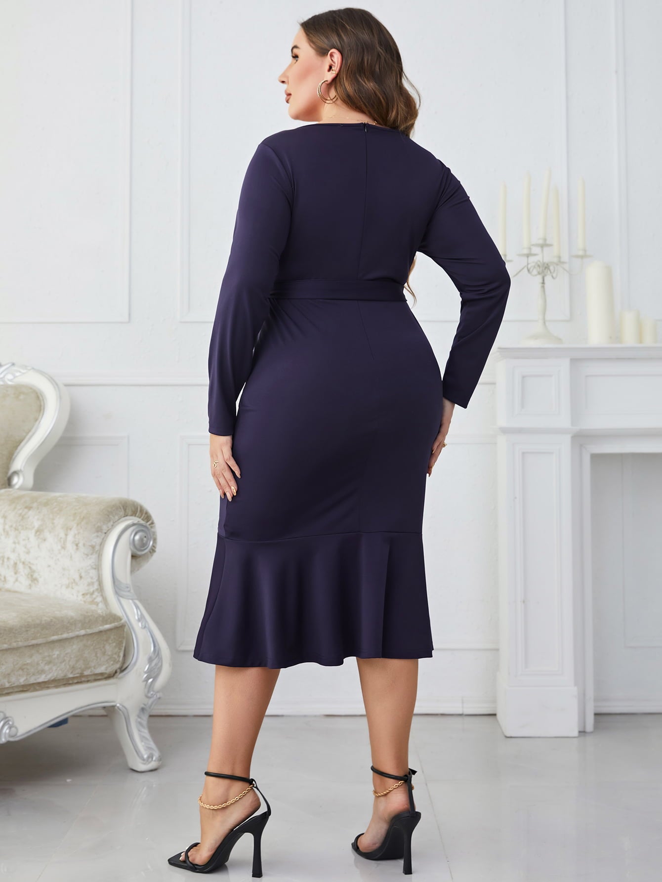 Honey Melo Apparel Plus Size Buttoned Round Neck Tie Belt Midi Dress - Luxe4Everyday Blueberry / 1XL Dress