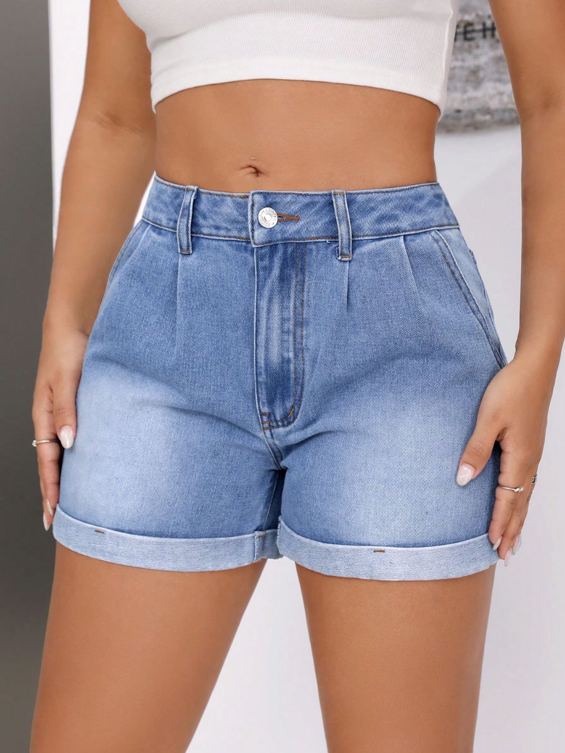 Rolled Hem Mid-Rise Waist Denim Shorts - Luxe4Everyday Shorts