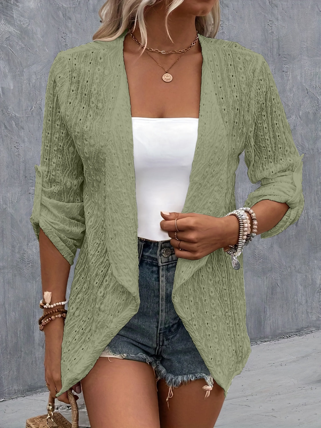 Eyelet Roll-Tab Sleeve Cardigan - Luxe4Everyday Sage / S Jacket