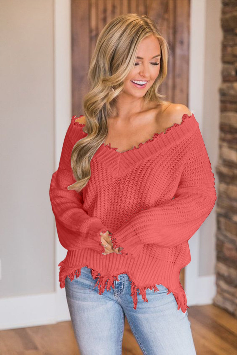 Frayed Hem Dropped Shoulder Sweater - Luxe4Everyday Coral / S Sweater