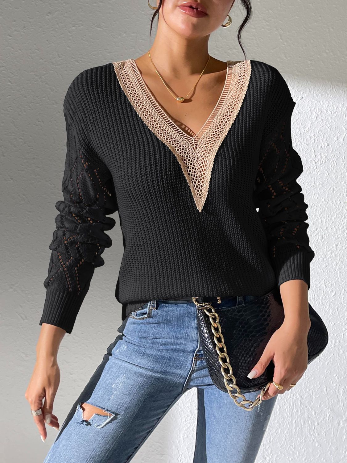 Openwork V-Neck Long Sleeve Sweater - Luxe4Everyday Black / S Sweater