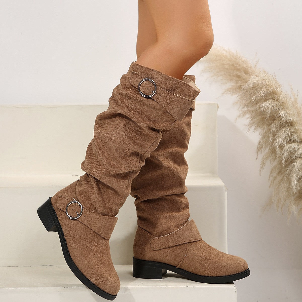 Buckle Round Toe Block Heel Boots - Luxe4Everyday Taupe / 36(US5) shoes