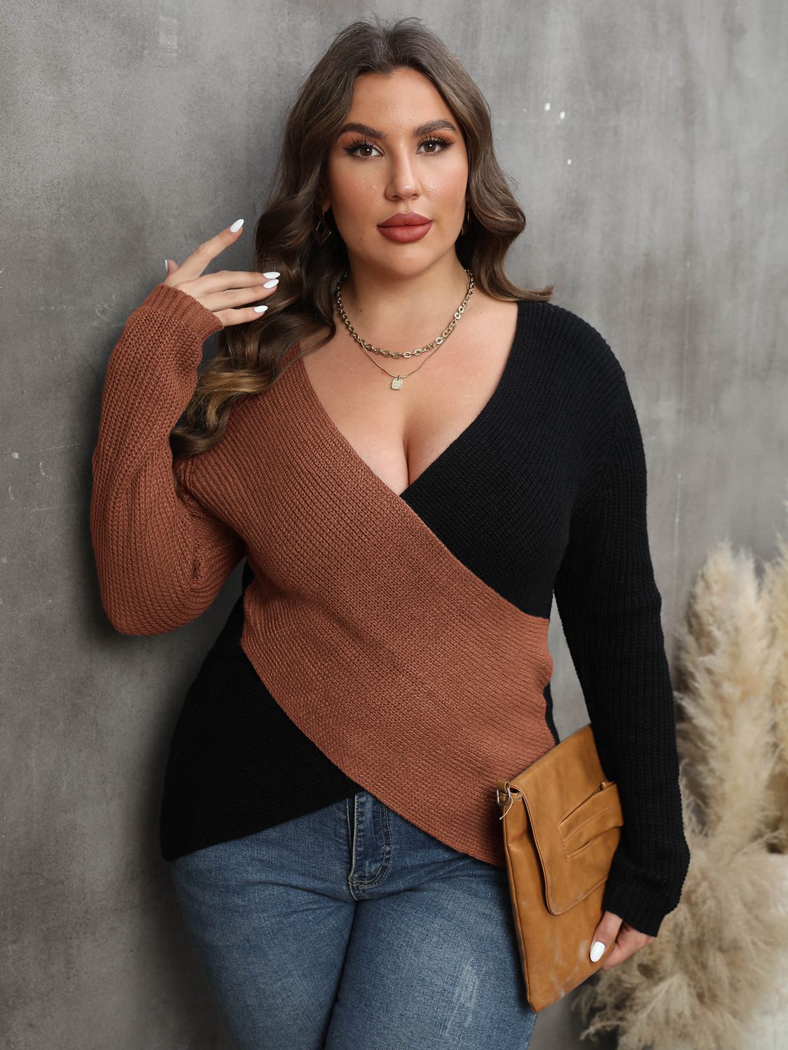 Plus Size Two-Tone Surplice Neck Sweater - Luxe4Everyday Caramel / 1XL Shirts