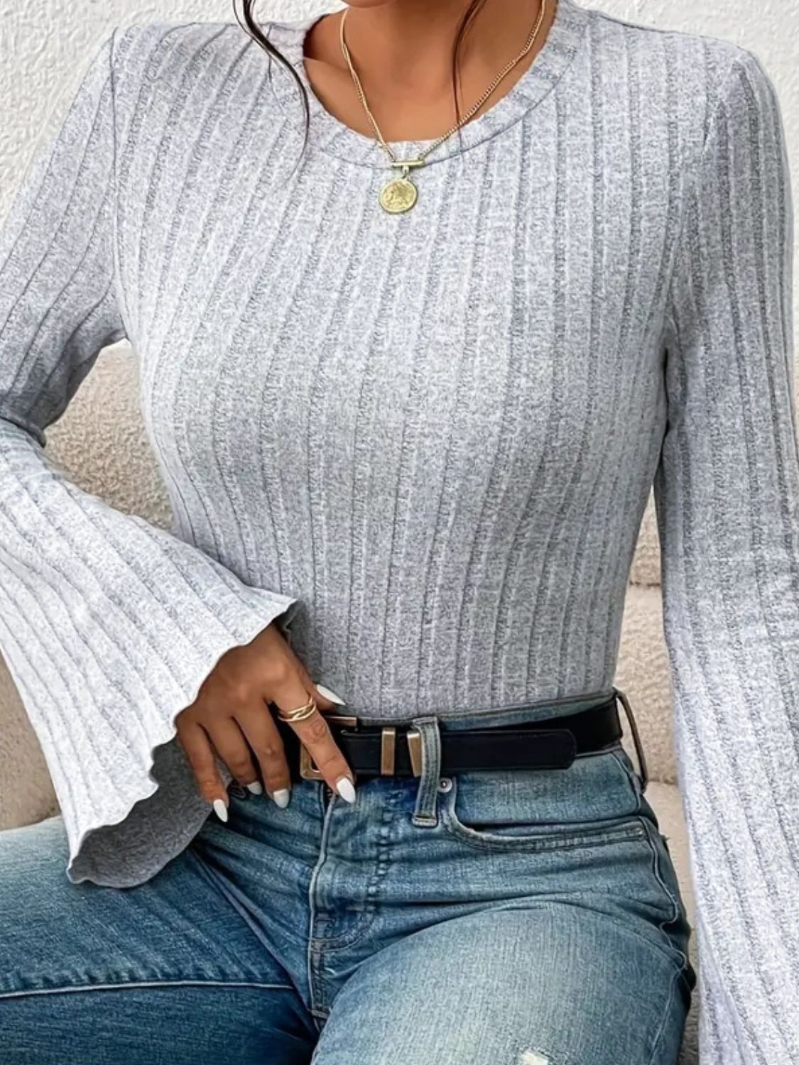 Ribbed Round Neck Flare Sleeve T-Shirt - Luxe4Everyday Shirt