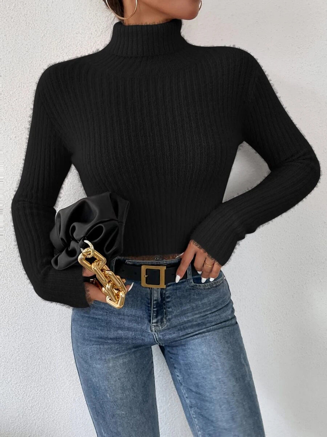 Ribbed Turtleneck Long Sleeve Sweater - Luxe4Everyday Black / S Sweater