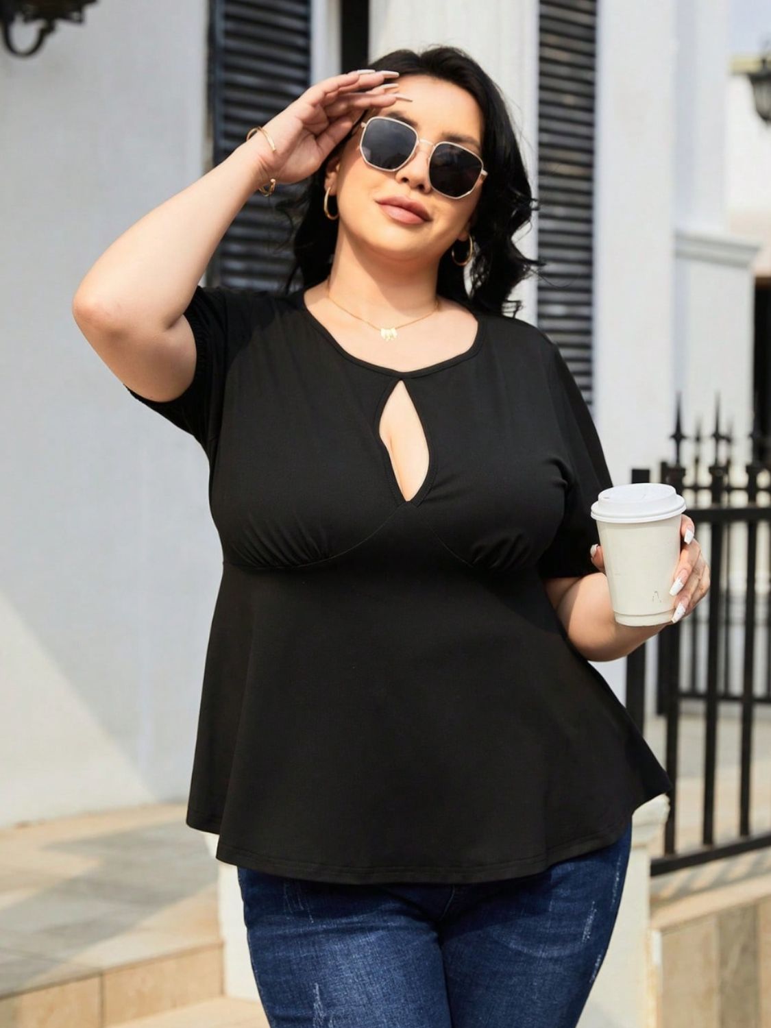 Plus Size Cutout Short Sleeve Blouse - Luxe4Everyday Black / 1XL Shirts