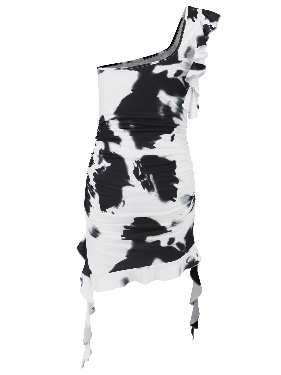 Ruffled Tie-Dye Single Shoulder Mini Dress - Luxe4Everyday Black / S Dress