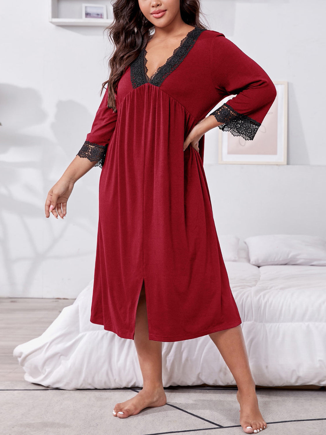 Plus Size Lace Detail V-Neck Lounge Dress - Luxe4Everyday Deep Red / 1XL Lounge wear