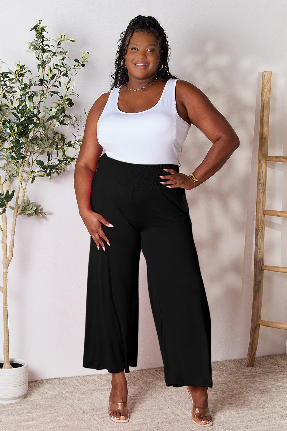 Double Take Full Size Smocked Wide Waistband Wide Leg Pants - Luxe4Everyday Pants