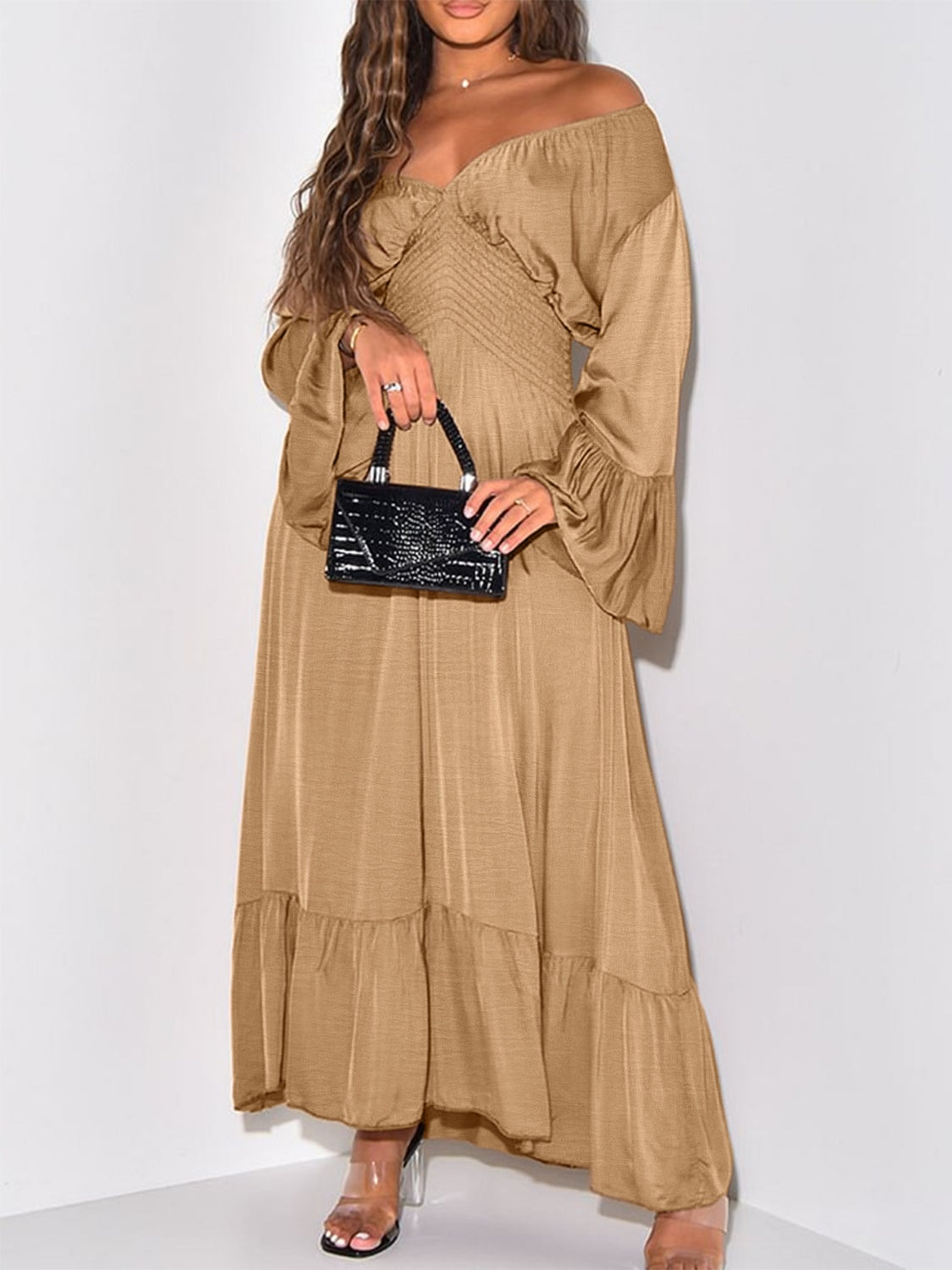 Smocked Flounce Sleeve Maxi Dress - Luxe4Everyday Camel / S Dress