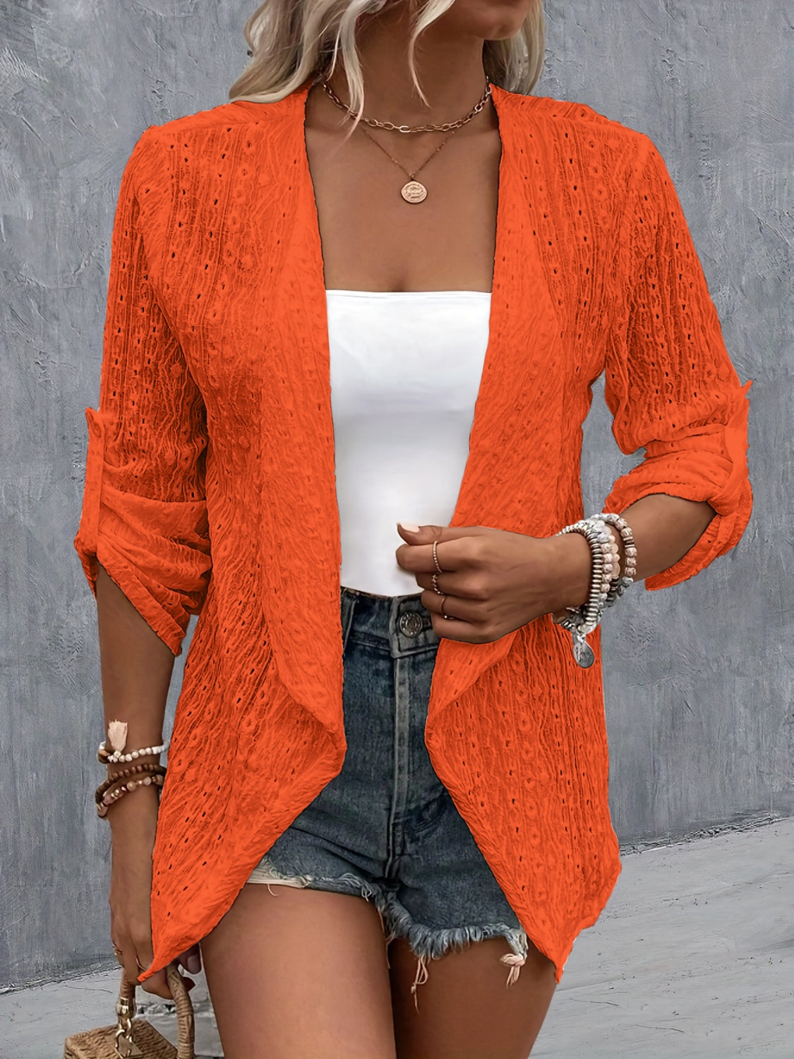 Eyelet Roll-Tab Sleeve Cardigan - Luxe4Everyday Orange / S Jacket