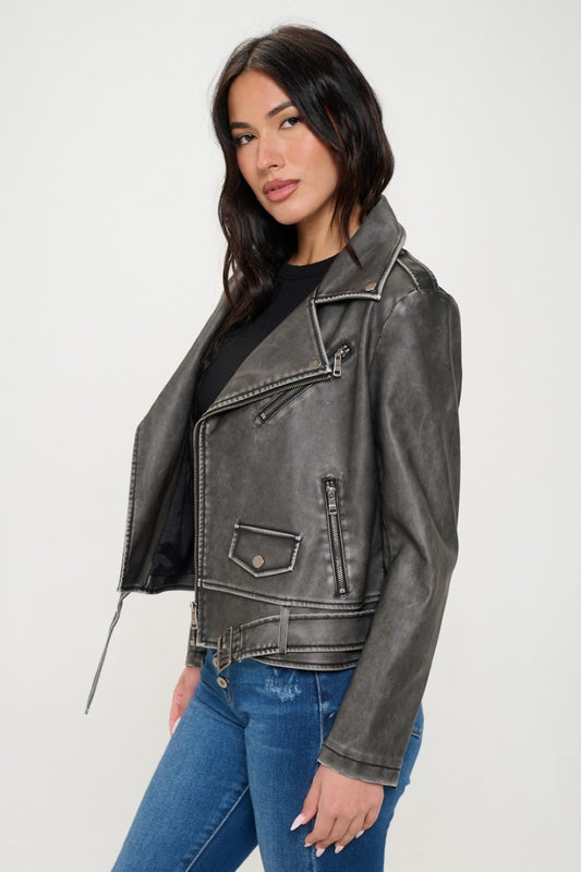 Coalition LA Zip Up Biker Jacket with Belt - Luxe4Everyday Black / S Jacket