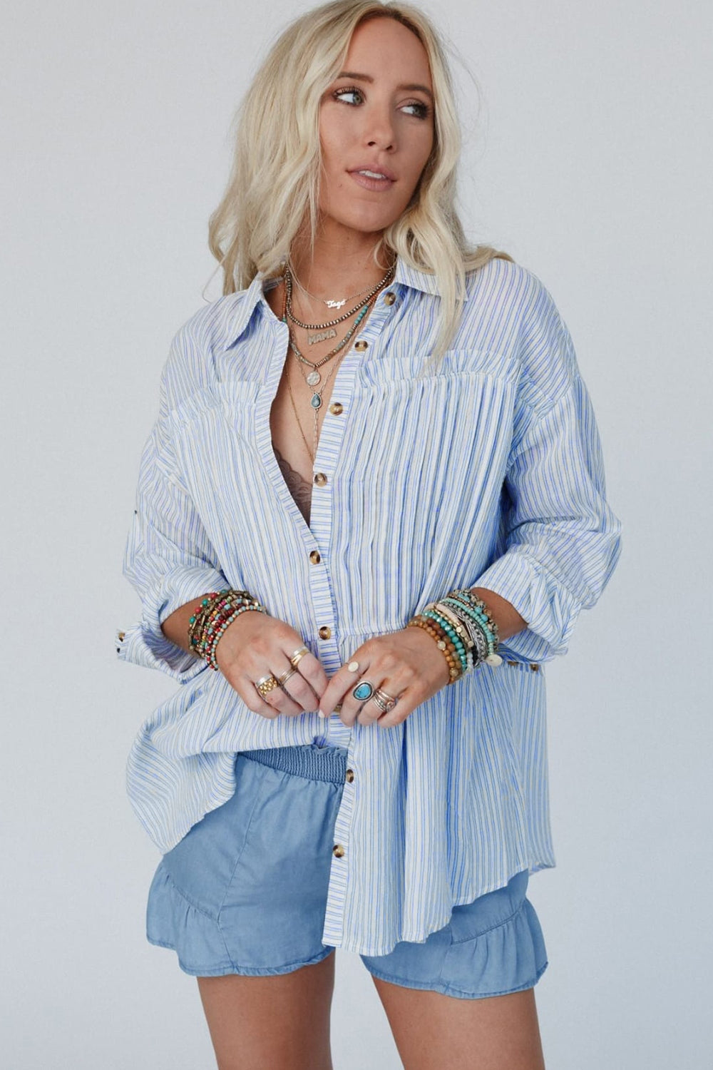 High-Low Striped Collared Neck Long Sleeve Shirt - Luxe4Everyday Light Blue / S Shirts