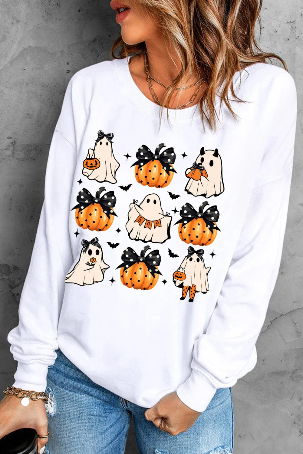 Pumpkin & Ghost Round Neck Long Sleeve Sweatshirt - Luxe4Everyday Sweatshirt