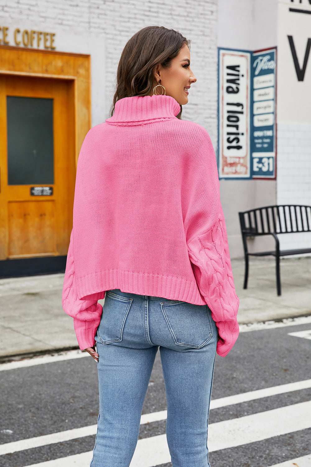 Turtleneck Cable-Knit Long Sleeve Sweater - Luxe4Everyday Hot Pink / S Sweater