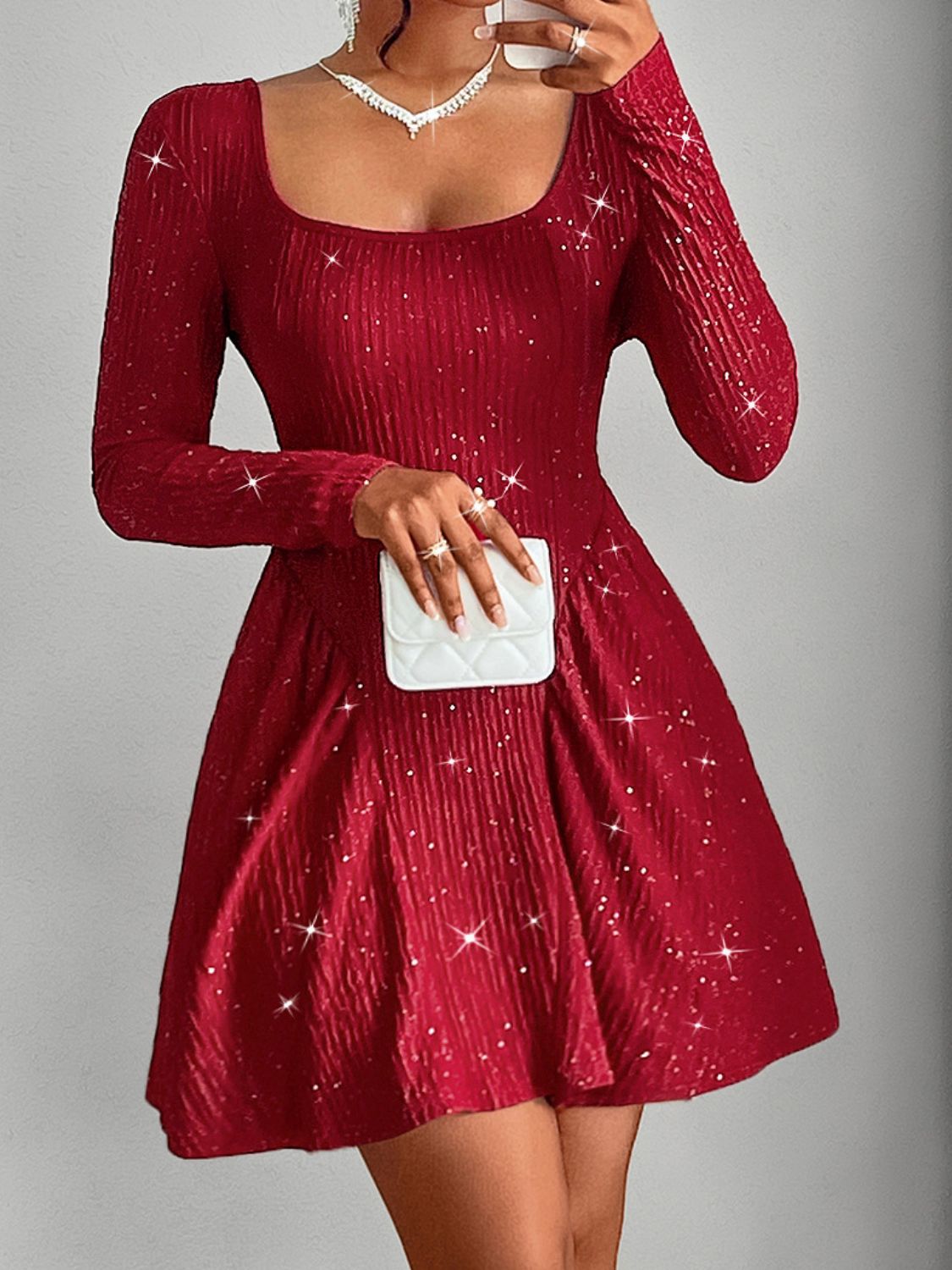 Backless Glitter Square Neck Long Sleeve Mini Dress - Luxe4Everyday Deep Red / M Dress