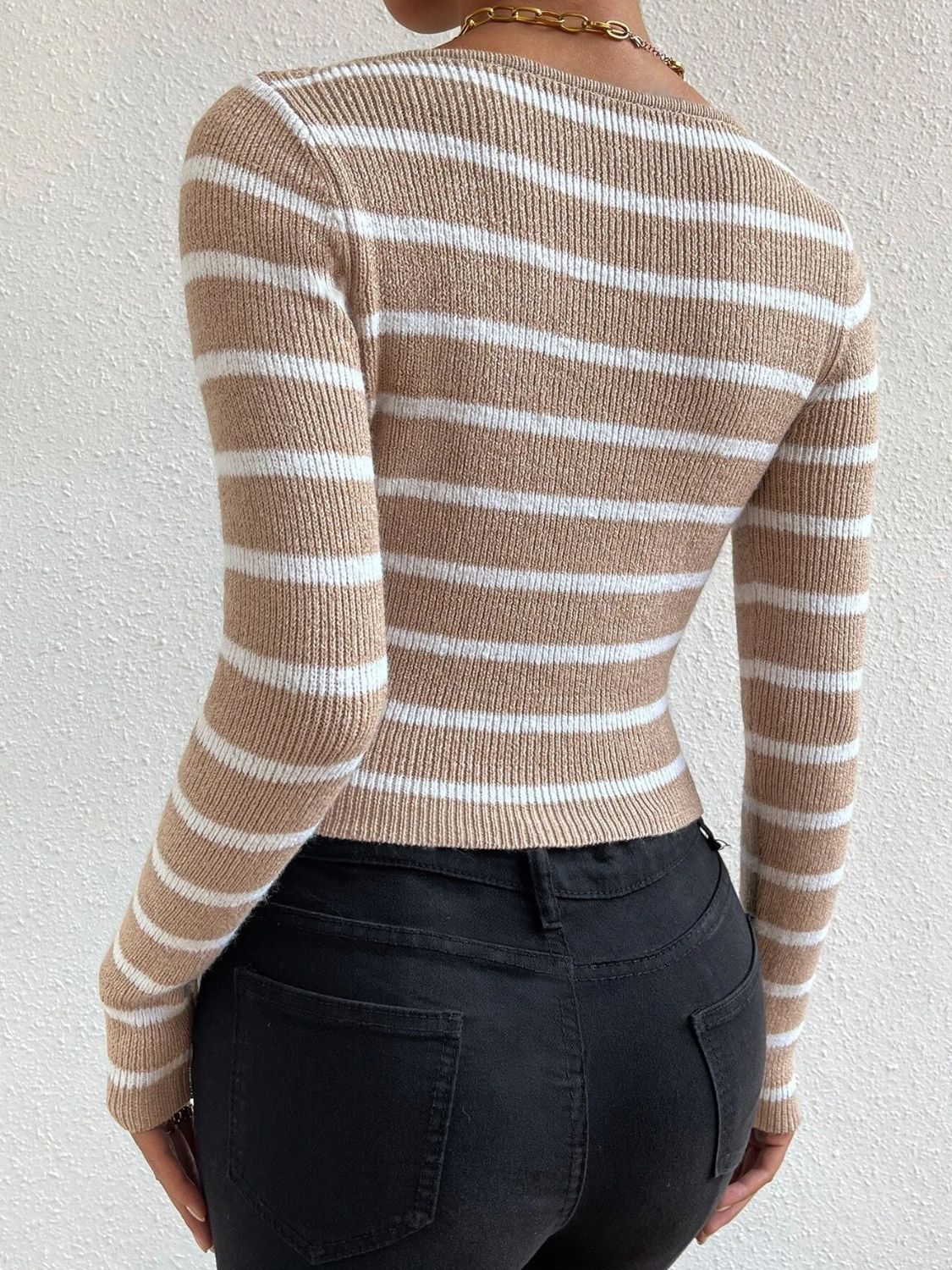 Striped Notched Long Sleeve Sweater - Luxe4Everyday Tan / S Sweater