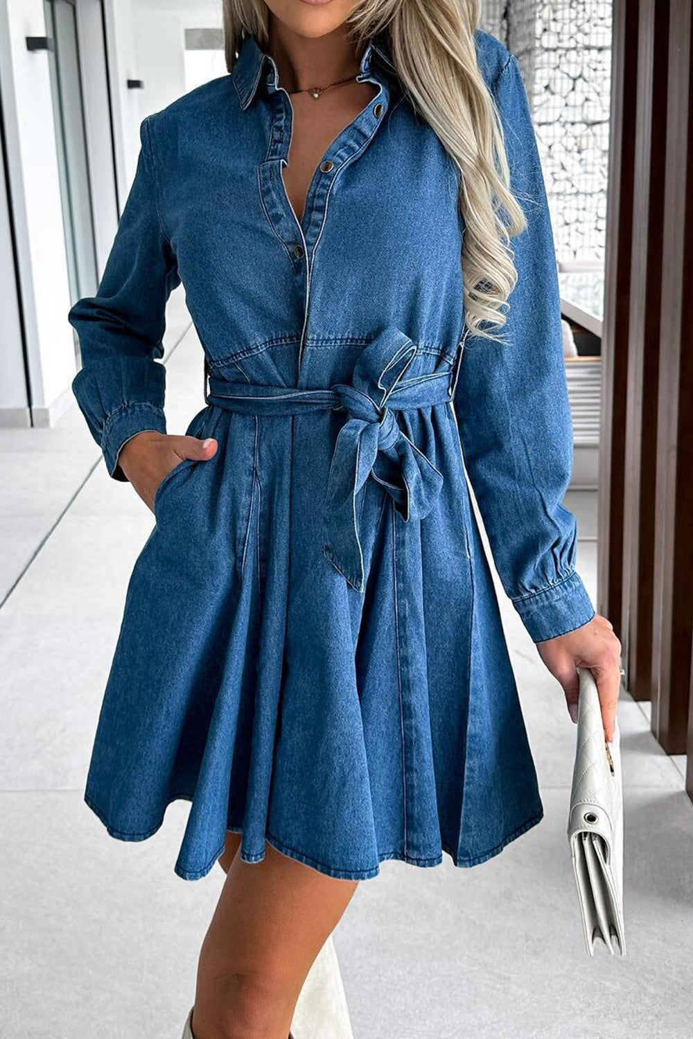 Tied Half Button Long Sleeve Denim Dress - Luxe4Everyday Dusty Blue / S Dress