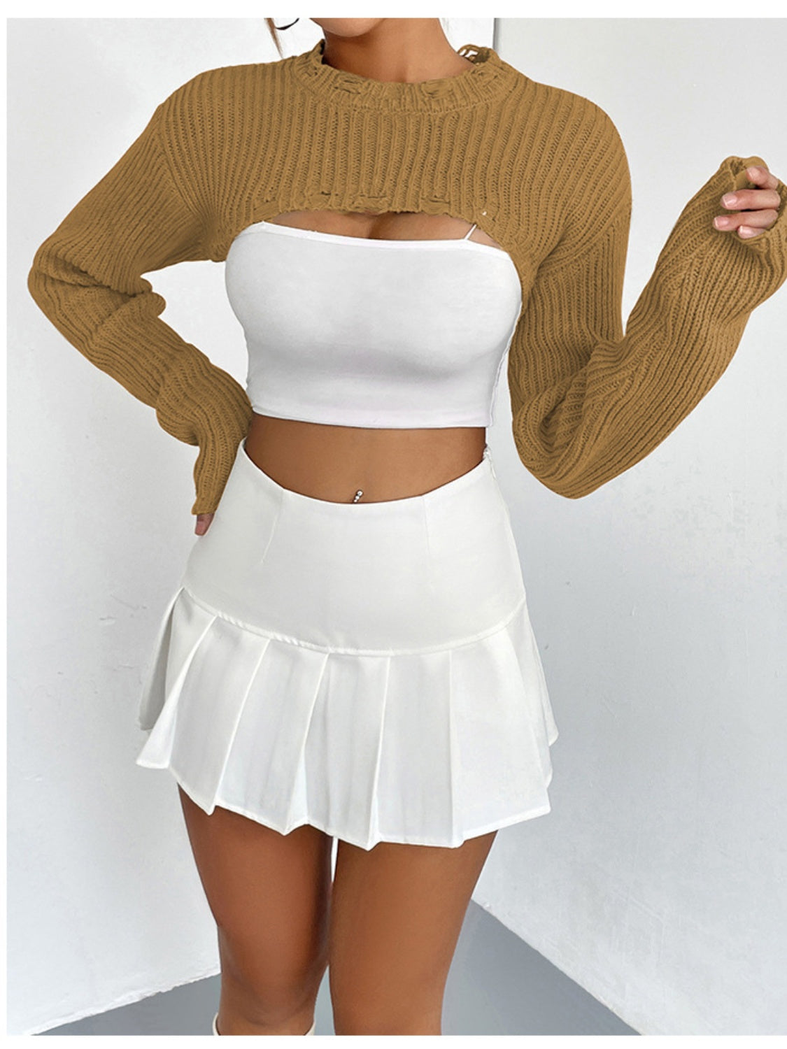 Distressed Long Sleeve Cropped Sweater - Luxe4Everyday Tan / S Sweater