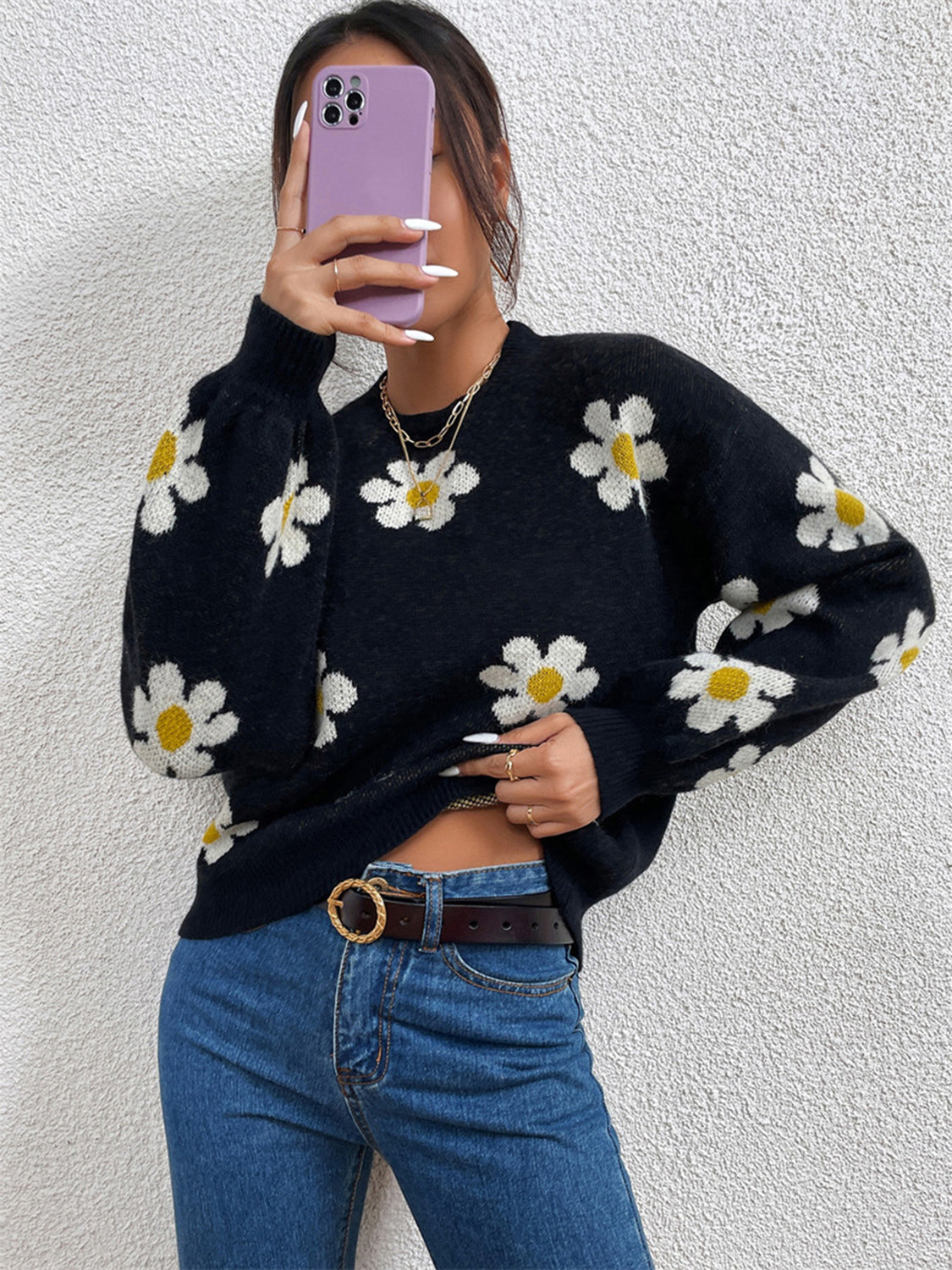 Flower Round Neck Latern Sleeve Sweater - Luxe4Everyday Sweater