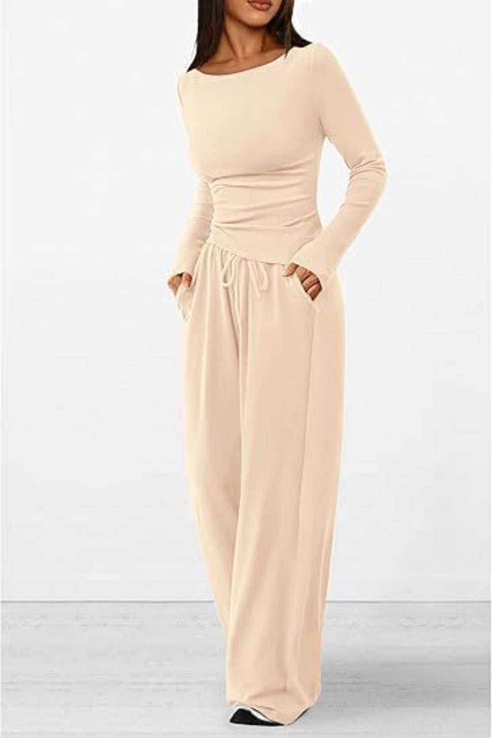 Round Neck Long Sleeve Top and Pants Set - Luxe4Everyday Tan / XS two-piece set