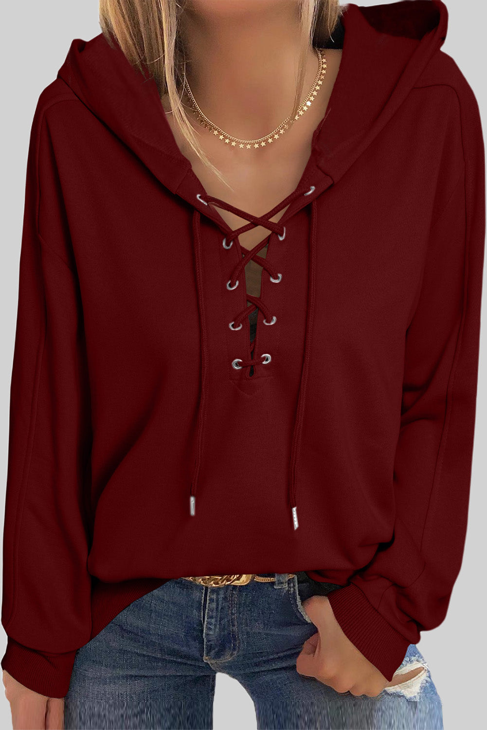 Lace-Up Dropped Shoulder Hoodie - Luxe4Everyday Burgundy / S Hoodie