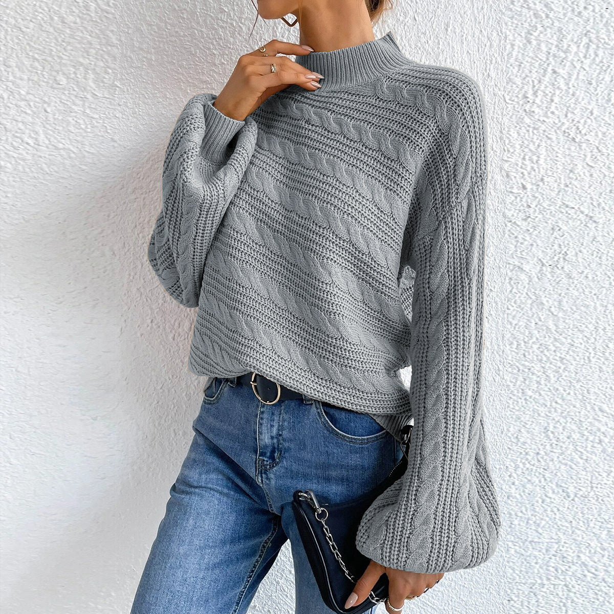 Cable-Knit Mock Neck Long Sleeve Sweater - Luxe4Everyday Sweater