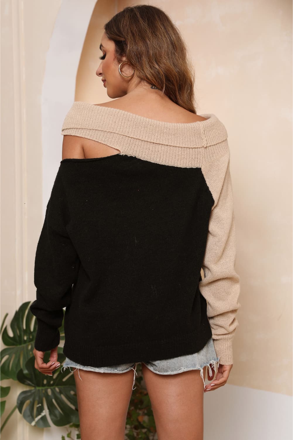 Asymmetrical Long Sleeve Two-Tone Cutout Sweater - Luxe4Everyday Sweater