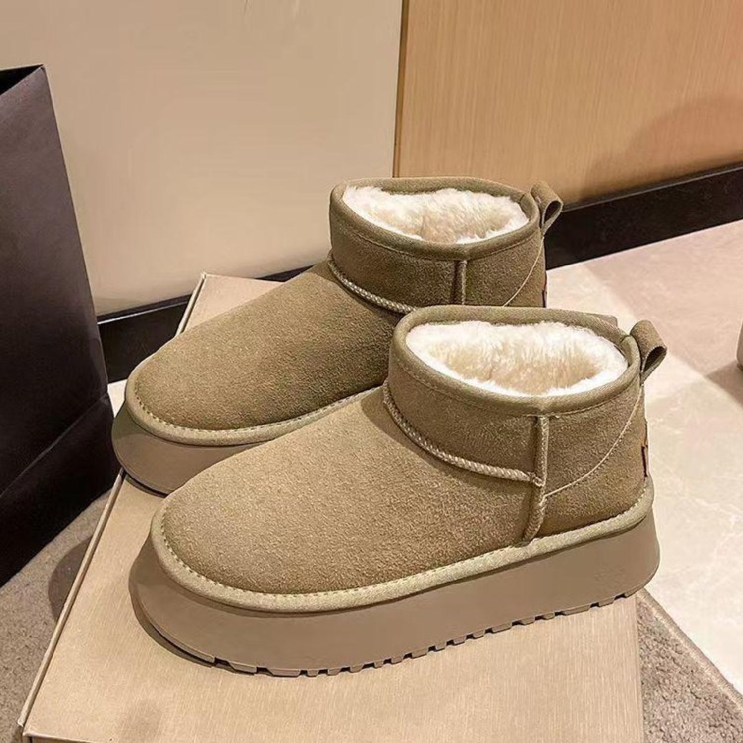 Fleece Lined Chunky Platform Mini Boots - Luxe4Everyday Khaki / 5 Boots