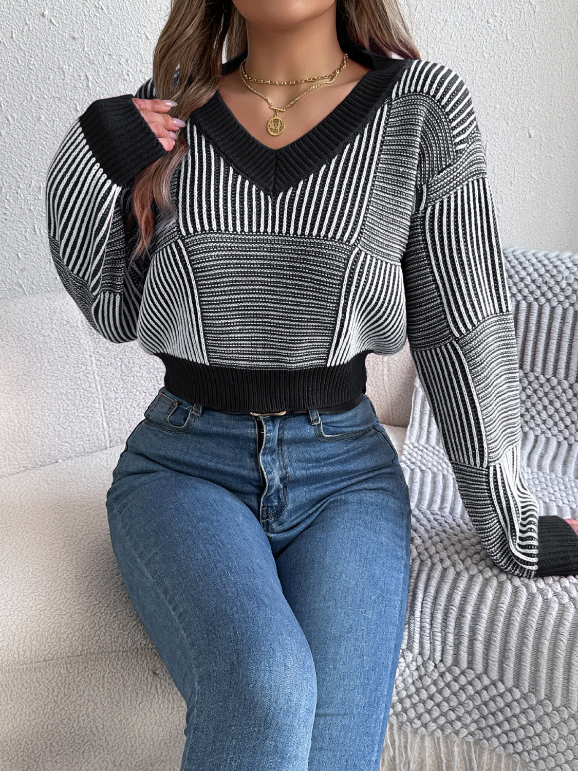 Striped V-Neck Long Sleeve Sweater - Luxe4Everyday Black / S Sweater