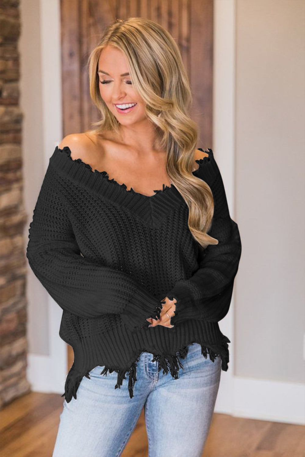 Frayed Hem Dropped Shoulder Sweater - Luxe4Everyday Sweater