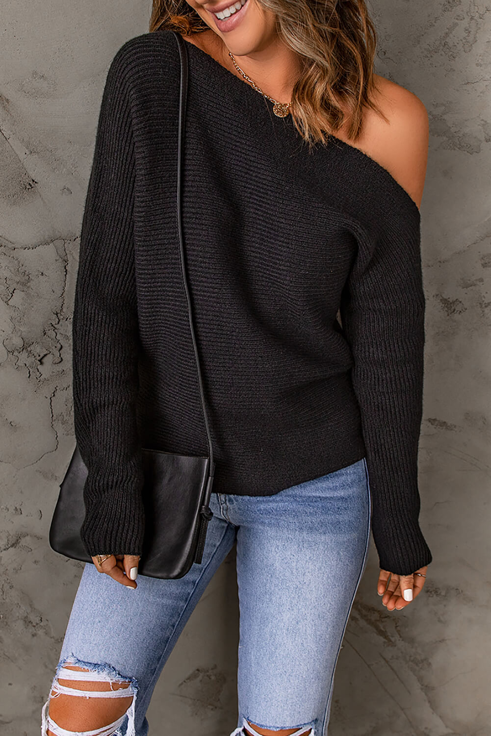 Double Take Horizontal Ribbing One-Shoulder Sweater - Luxe4Everyday Sweater