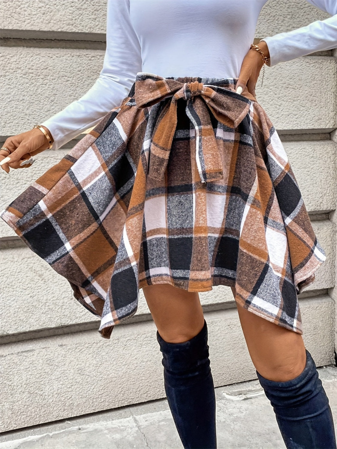 Tied Plaid Asymmetrical Hem Skirt - Luxe4Everyday Caramel / S Skirts