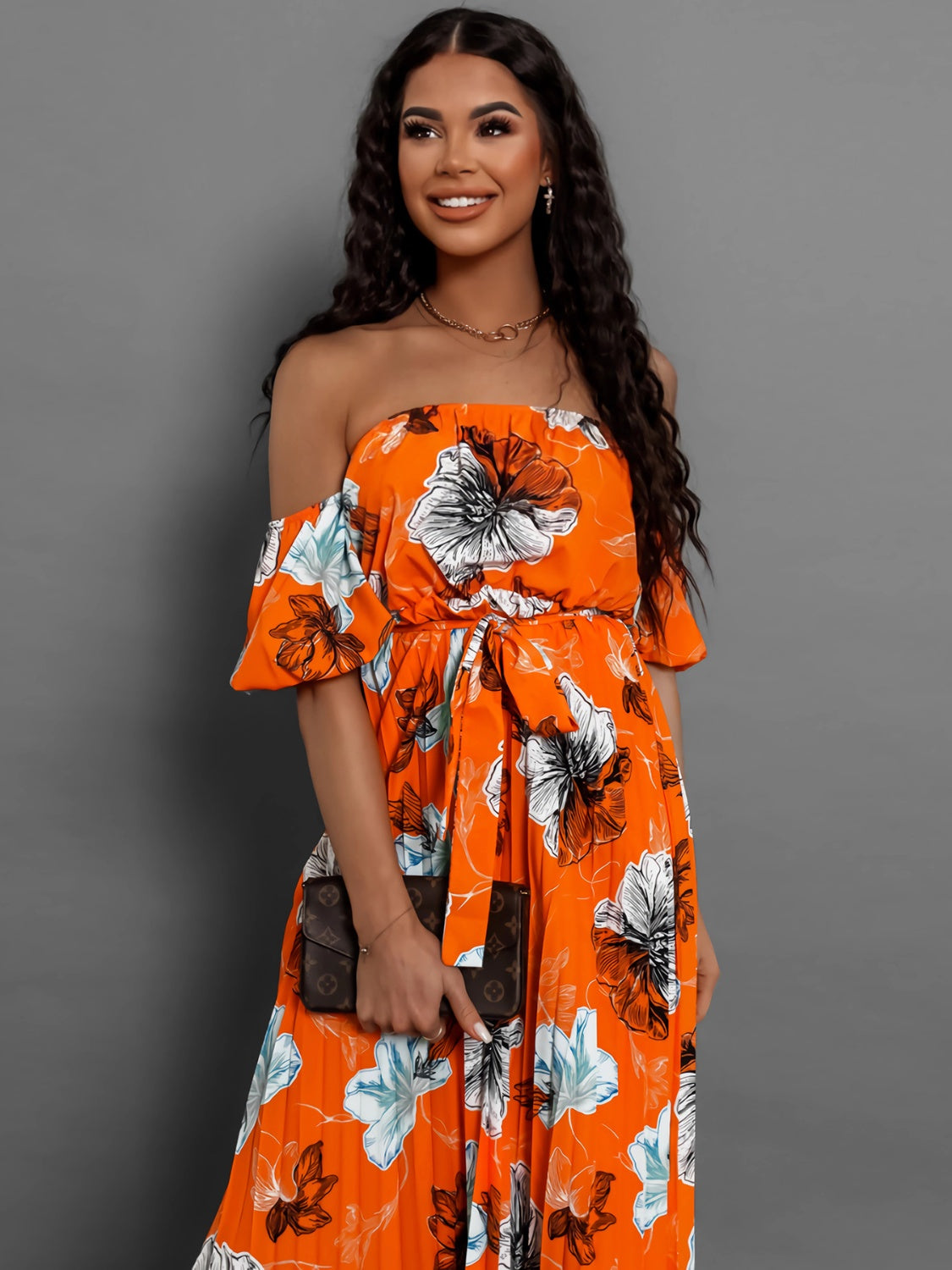 Pleated Floral Off-Shoulder Short Sleeve Midi Dress - Luxe4Everyday Orange / S Dress