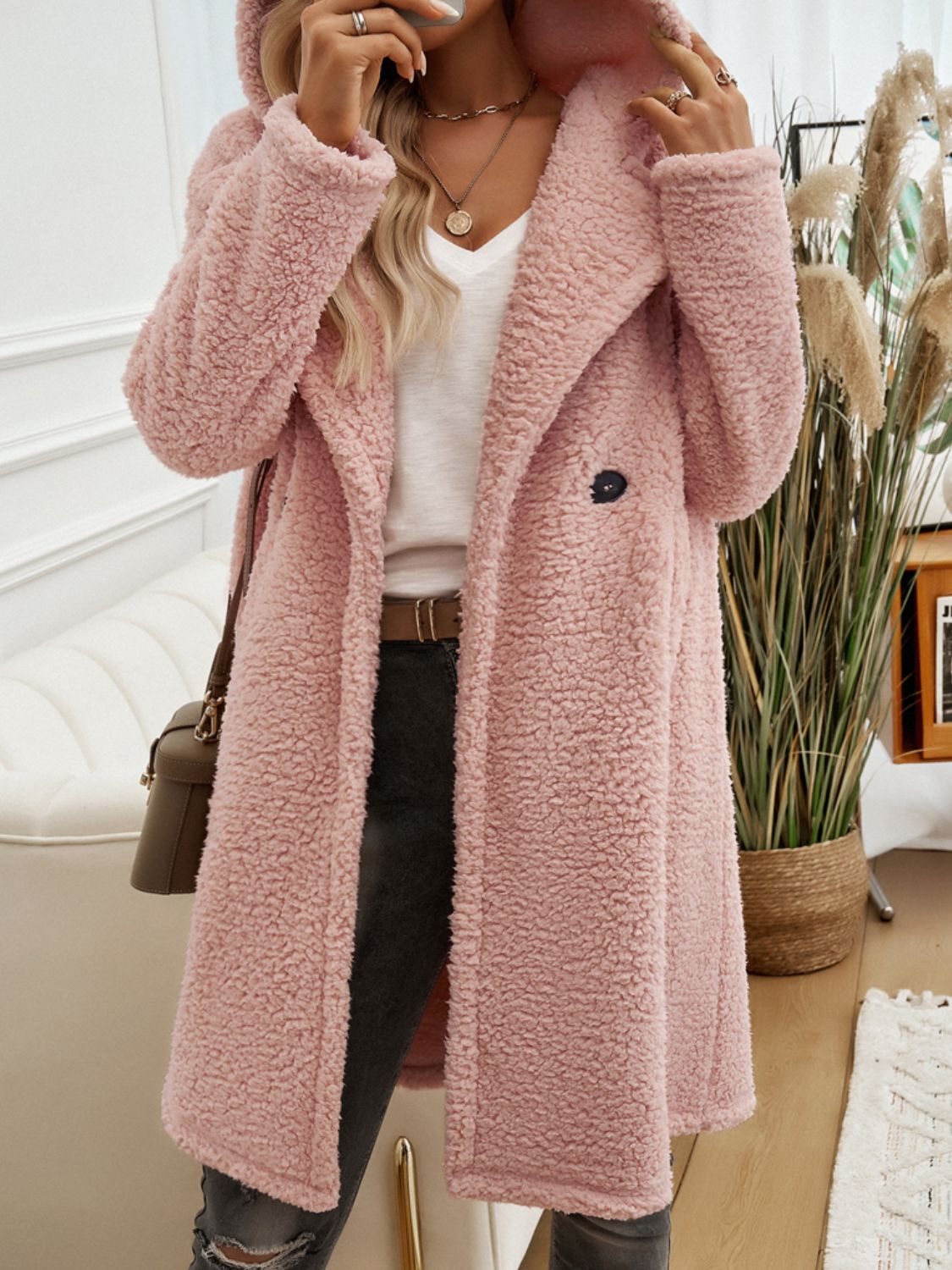 Devine Pocketed Long Sleeve Hooded Teddy Coat - Luxe4Everyday Coat