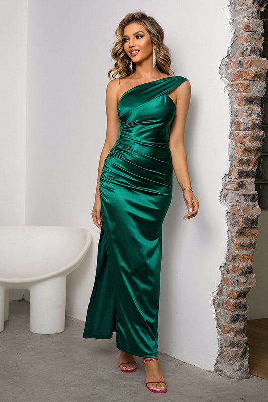 One-Shoulder Ruched Slit Maxi Dress - Luxe4Everyday Green / XS Dress