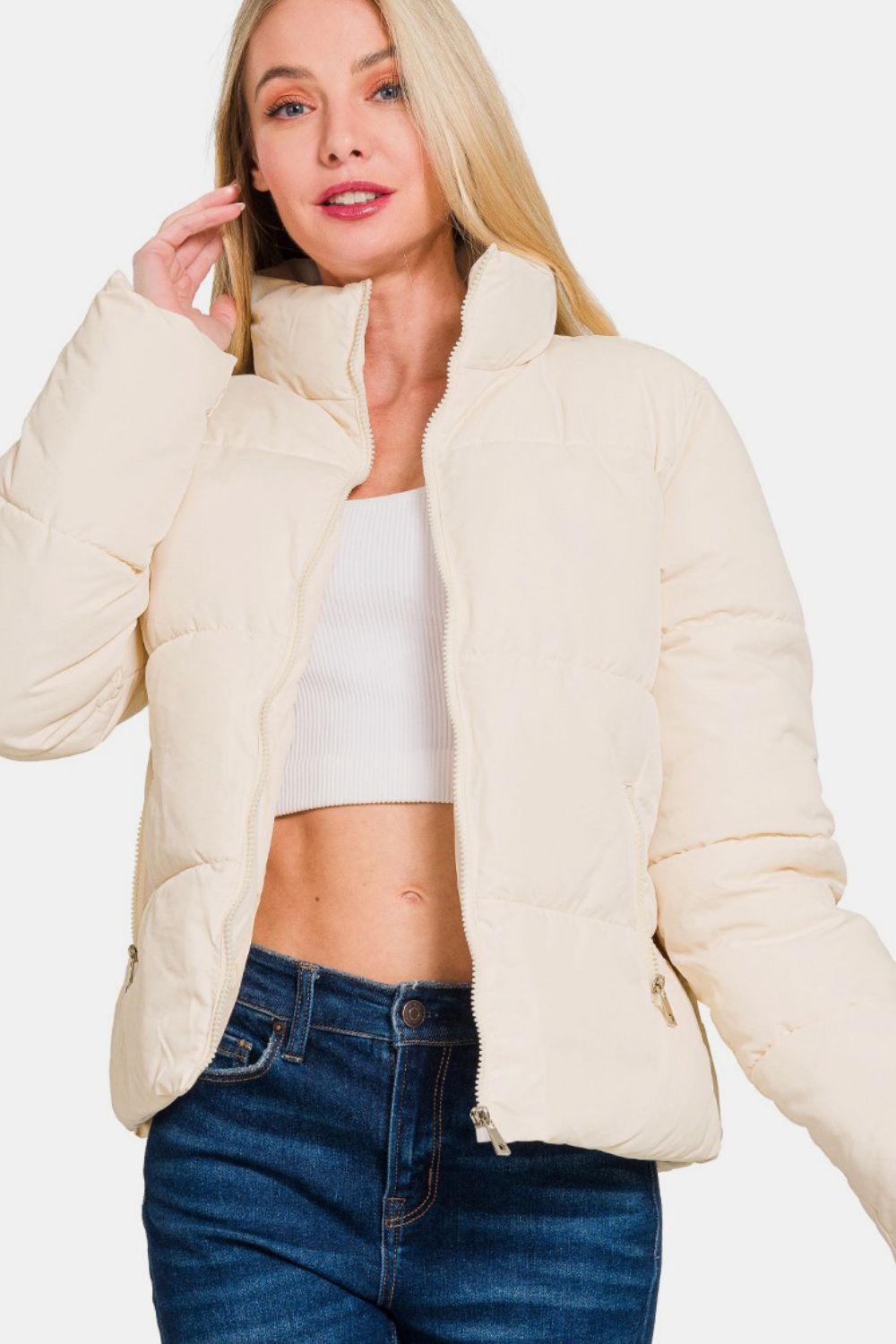 Zenana Zip Up Turtleneck Puffer Jacket with Pockets - Luxe4Everyday Cream / S Coat