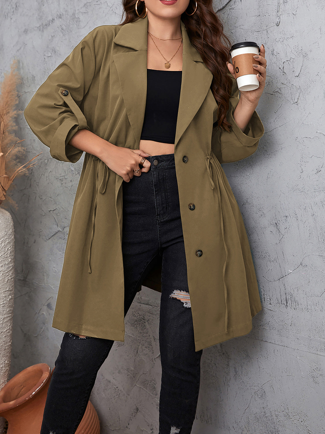 Honey Plus Size Lapel Collar Drawstring Roll-Tab Sleeve Trench Coat - Luxe4Everyday Mocha / 1XL Coat