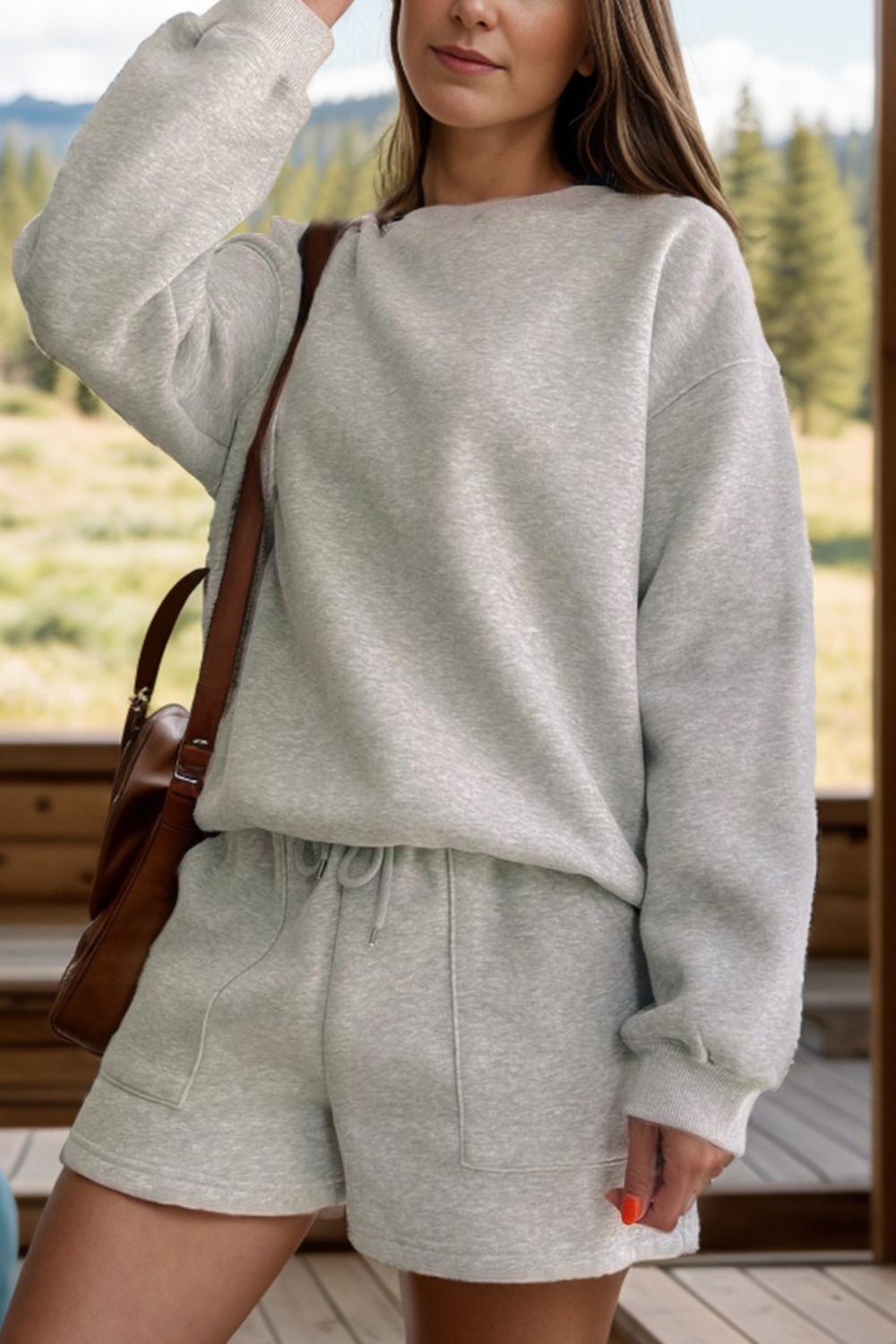 Round Neck Dropped Shoulder Sweatshirt and Shorts Set - Luxe4Everyday Gray / S Two-piece set